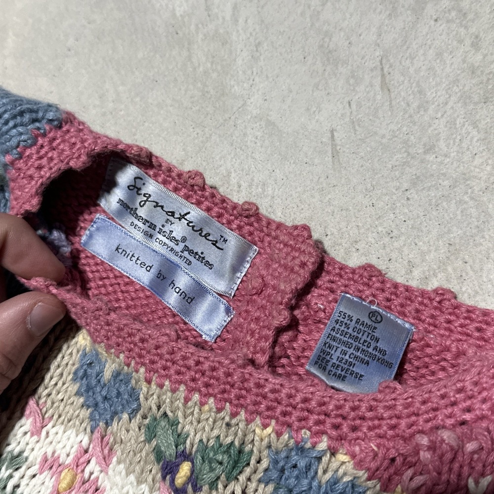 Vintage Hand Knitted Cardigan Sweater SZ L Cottagecore Antiques Farm House Pink - Picture 4 of 13